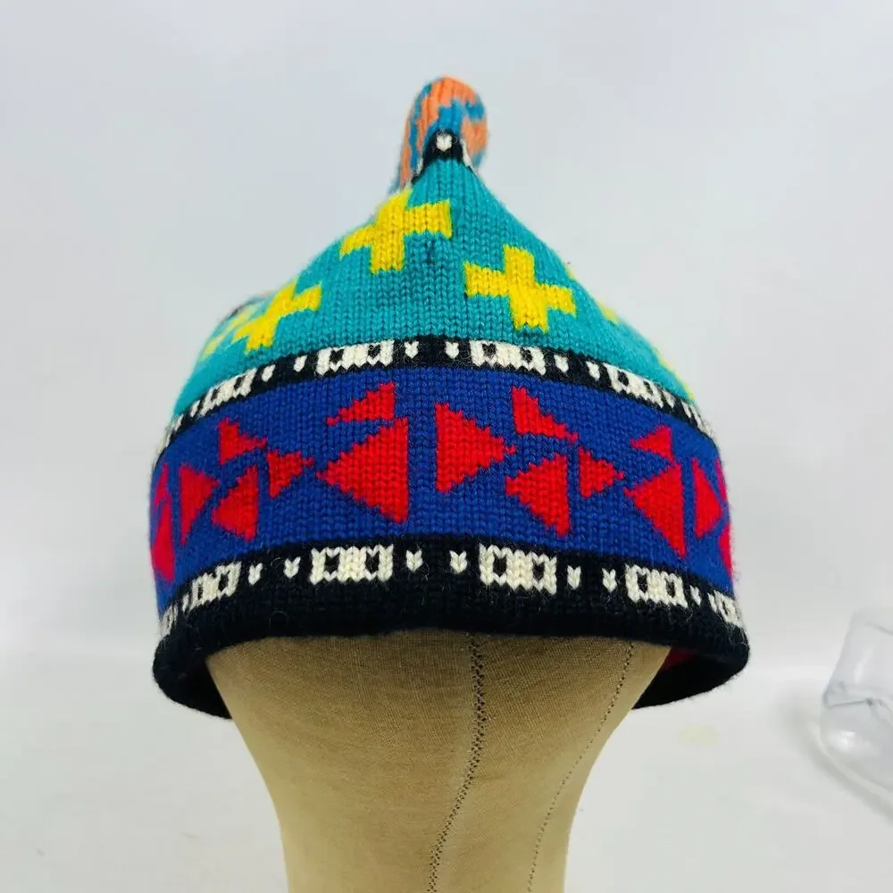 COLUMBIA Hat Adult OS Pure Wool Southwestern Ski Beanie Bobble Cap Blue